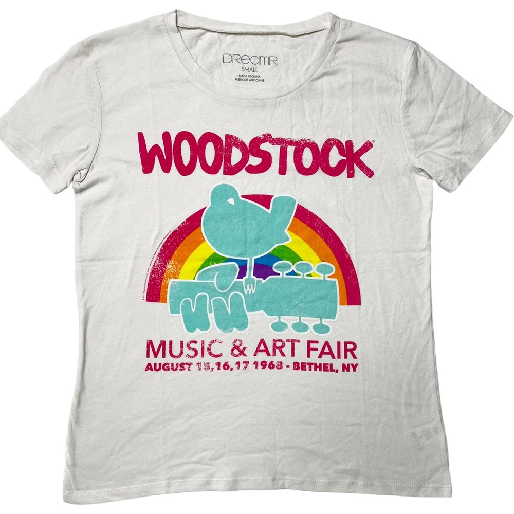 NWT Dreamr Woodstock Music & Art Fair 1968 Graphic T-Shirt Cream Women’s S